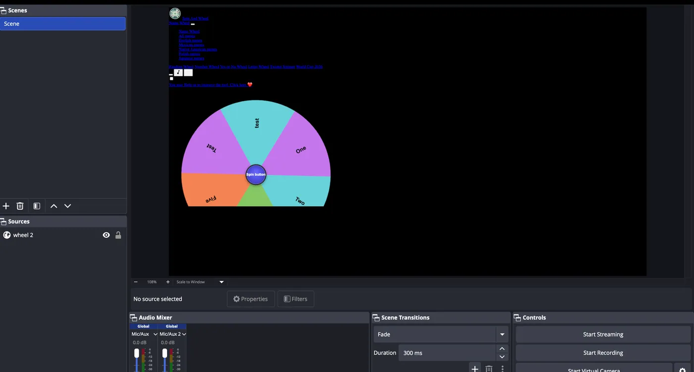 A broken wheel in OBS showing a blank or outdated cached version of the page