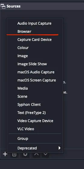 OBS Sources panel with the + menu open and Browser highlighted