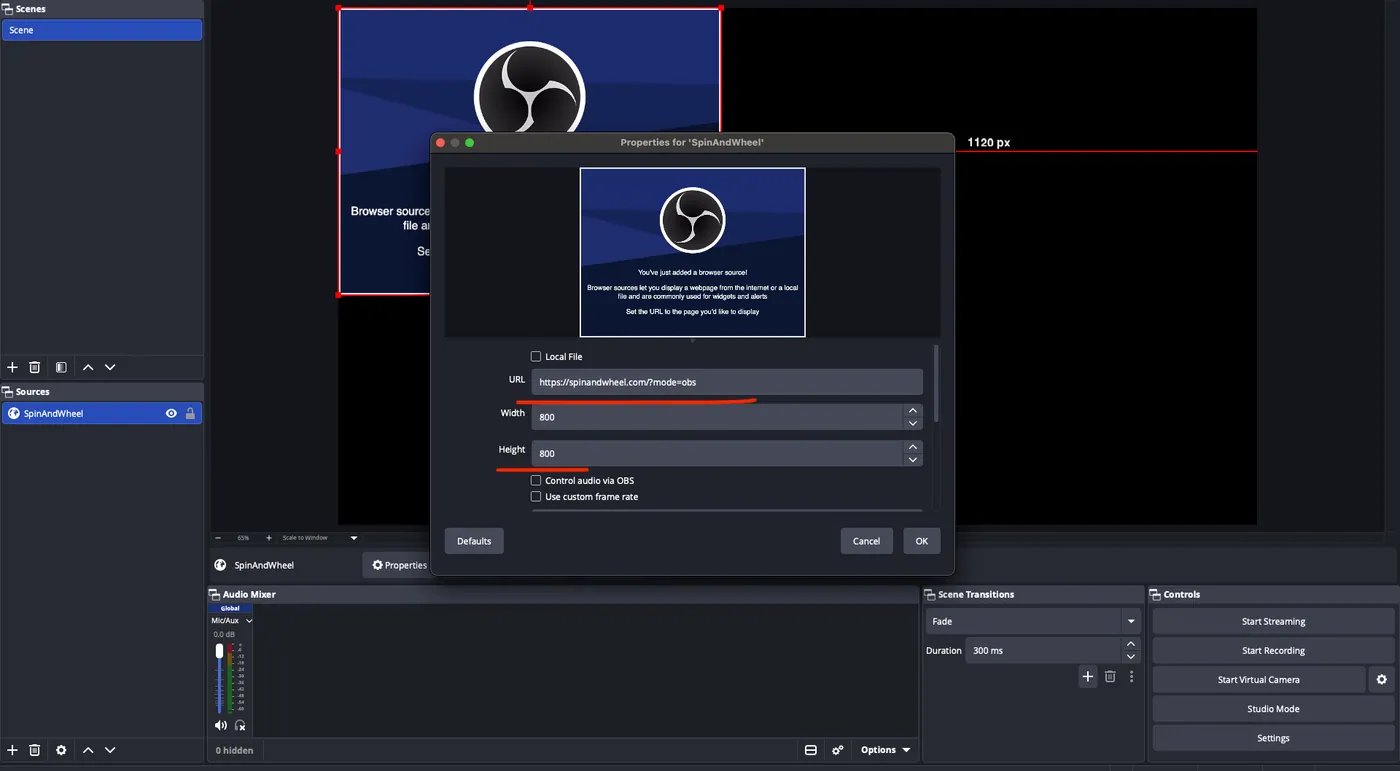 OBS browser source properties with the display link pasted into the URL field
