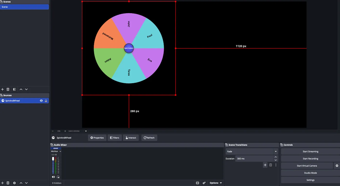 The spinning wheel displayed on the OBS scene canvas