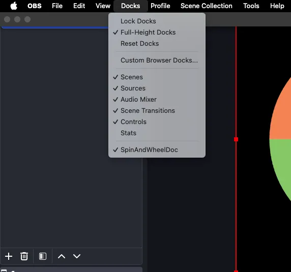 OBS Docks menu showing the Wheel Controls dock enabled