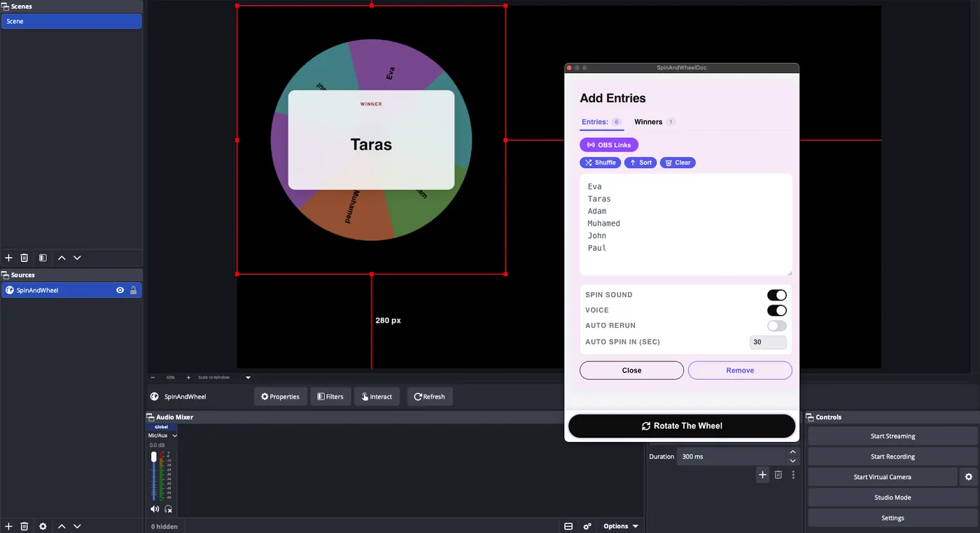 OBS with the wheel on the scene and the control dock in the sidebar