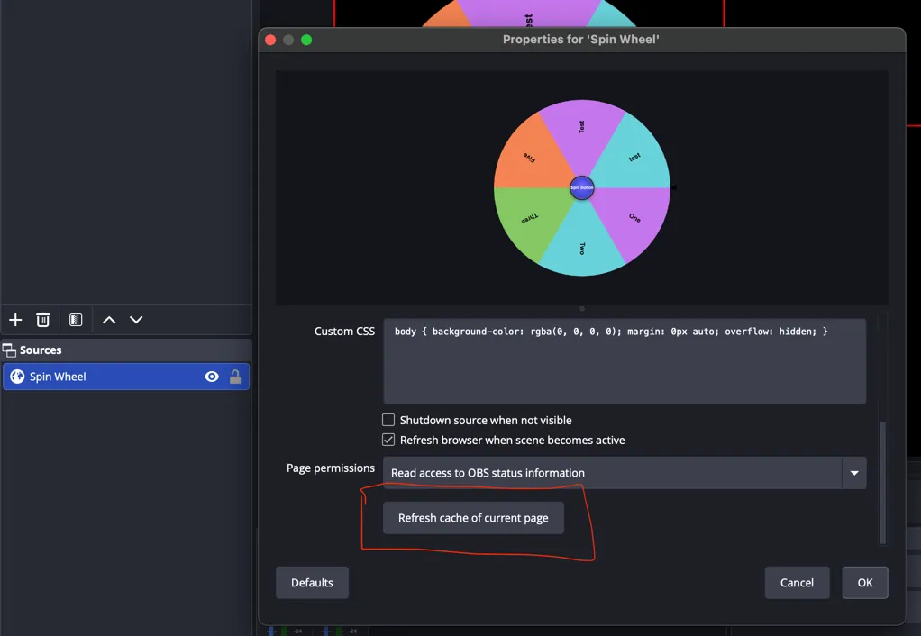 OBS browser source properties with the Refresh cache of current page button highlighted